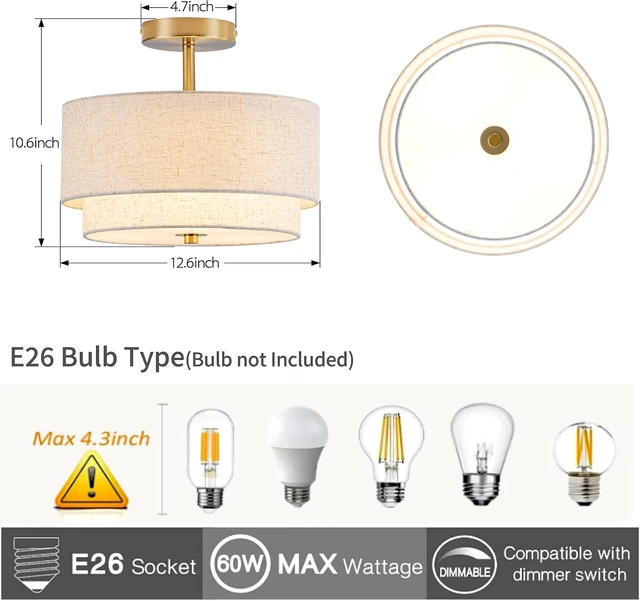 Alt view image 3 of 7 - Zlepmlla 12.6'' Semi Flush Mount Ceiling Light, Gold Light Fixture with Two Layers Fabric Linen Shade, 3-Light Drum Light Fixture for Entryway Bedroom Hallway Foyer Kitchen