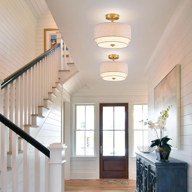 Alt view image 4 of 7 - Zlepmlla 12.6'' Semi Flush Mount Ceiling Light, Gold Light Fixture with Two Layers Fabric Linen Shade, 3-Light Drum Light Fixture for Entryway Bedroom Hallway Foyer Kitchen