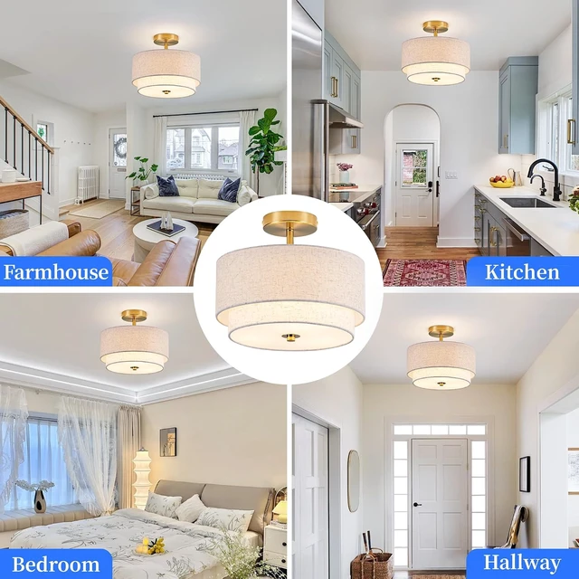 Alt view image 6 of 7 - Zlepmlla 12.6'' Semi Flush Mount Ceiling Light, Gold Light Fixture with Two Layers Fabric Linen Shade, 3-Light Drum Light Fixture for Entryway Bedroom Hallway Foyer Kitchen
