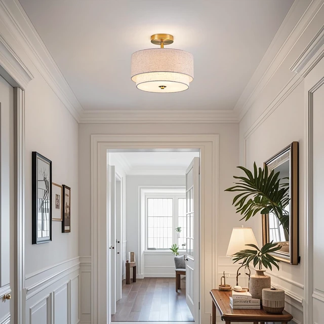 Alt view image 5 of 7 - Zlepmlla 12.6'' Semi Flush Mount Ceiling Light, Gold Light Fixture with Two Layers Fabric Linen Shade, 3-Light Drum Light Fixture for Entryway Bedroom Hallway Foyer Kitchen