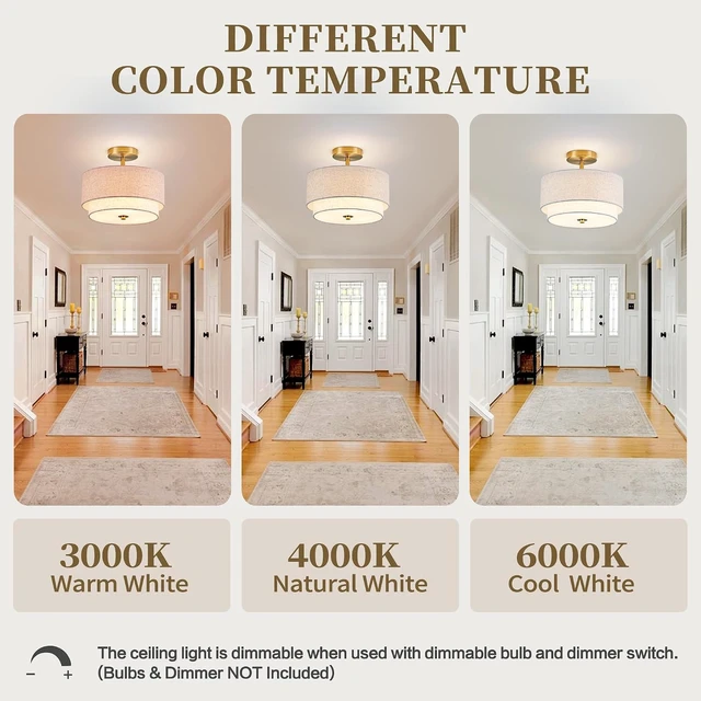 Alt view image 7 of 7 - Zlepmlla 12.6'' Semi Flush Mount Ceiling Light, Gold Light Fixture with Two Layers Fabric Linen Shade, 3-Light Drum Light Fixture for Entryway Bedroom Hallway Foyer Kitchen