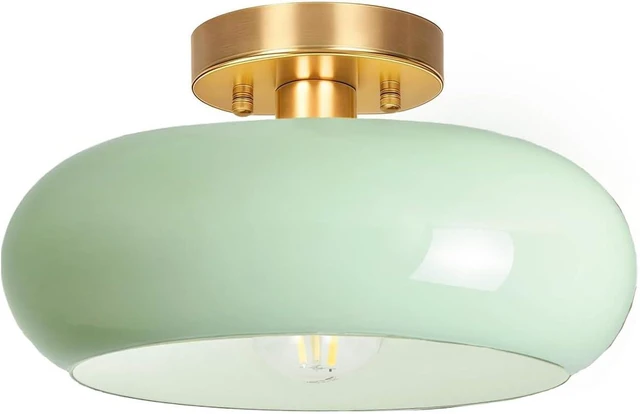 Main image of Semi Flush Mount Ceiling Light,11inch Mid Century Modern Light Fixture,Hallway Lighting Fixture with Milk Green Glass Shade,Vintage Ceiling Lamp for Kitchen,Porch,Entryway,Closet