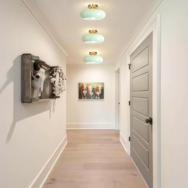 Alt view image 2 of 7 - Semi Flush Mount Ceiling Light,11inch Mid Century Modern Light Fixture,Hallway Lighting Fixture with Milk Green Glass Shade,Vintage Ceiling Lamp for Kitchen,Porch,Entryway,Closet