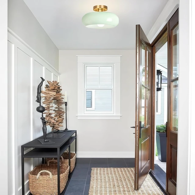 Alt view image 3 of 7 - Semi Flush Mount Ceiling Light,11inch Mid Century Modern Light Fixture,Hallway Lighting Fixture with Milk Green Glass Shade,Vintage Ceiling Lamp for Kitchen,Porch,Entryway,Closet