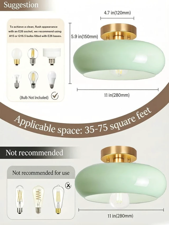 Alt view image 5 of 7 - Semi Flush Mount Ceiling Light,11inch Mid Century Modern Light Fixture,Hallway Lighting Fixture with Milk Green Glass Shade,Vintage Ceiling Lamp for Kitchen,Porch,Entryway,Closet
