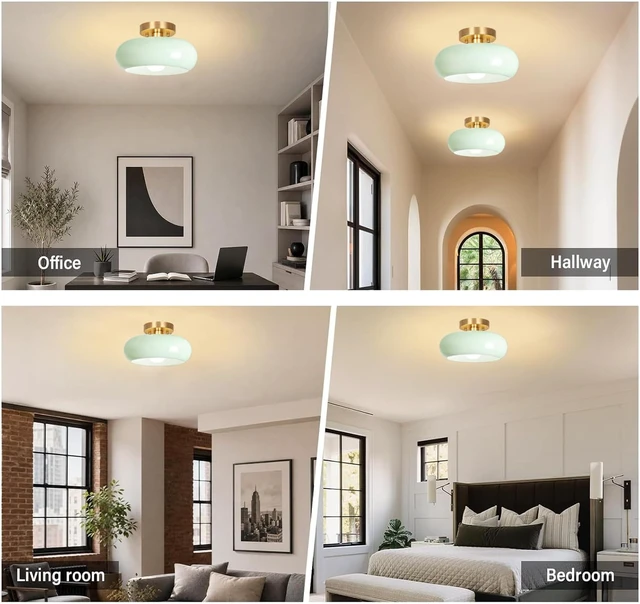 Alt view image 6 of 7 - Semi Flush Mount Ceiling Light,11inch Mid Century Modern Light Fixture,Hallway Lighting Fixture with Milk Green Glass Shade,Vintage Ceiling Lamp for Kitchen,Porch,Entryway,Closet