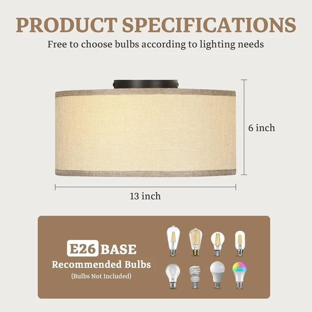 Alt view image 2 of 7 - 13 Inch Flush Mount Ceiling Light with Burlap Linen Drum Shade, Semi Flush Mount Ceiling Fixture, 3-Light Drum Light Fixture,Rustic Farmhouse Style for Bedroom, Living Room, Hallway, Entryway