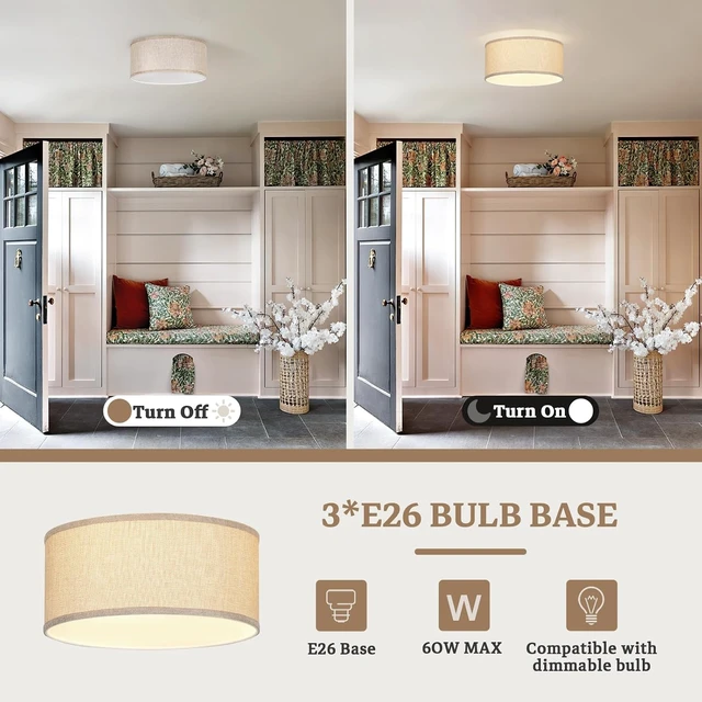 Alt view image 4 of 7 - 13 Inch Flush Mount Ceiling Light with Burlap Linen Drum Shade, Semi Flush Mount Ceiling Fixture, 3-Light Drum Light Fixture,Rustic Farmhouse Style for Bedroom, Living Room, Hallway, Entryway