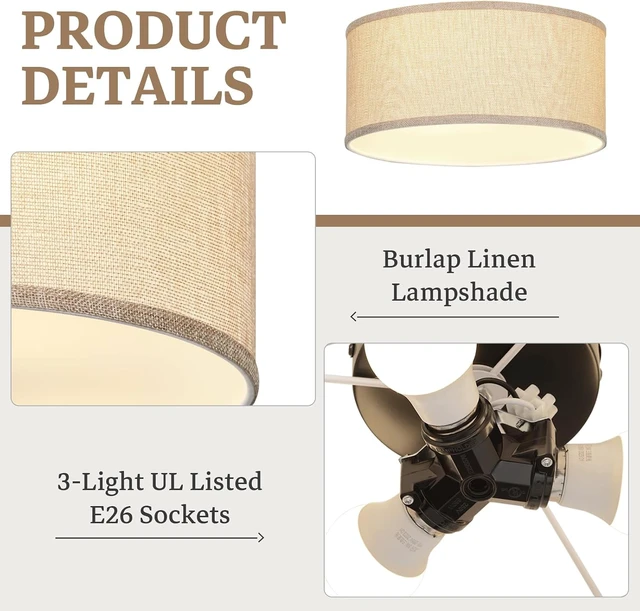 Alt view image 3 of 7 - 13 Inch Flush Mount Ceiling Light with Burlap Linen Drum Shade, Semi Flush Mount Ceiling Fixture, 3-Light Drum Light Fixture,Rustic Farmhouse Style for Bedroom, Living Room, Hallway, Entryway