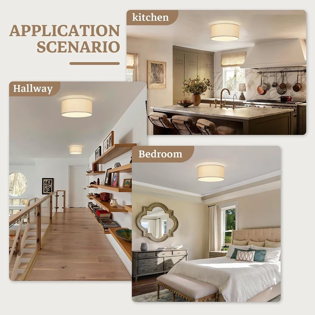 Alt view image 7 of 7 - 13 Inch Flush Mount Ceiling Light with Burlap Linen Drum Shade, Semi Flush Mount Ceiling Fixture, 3-Light Drum Light Fixture,Rustic Farmhouse Style for Bedroom, Living Room, Hallway, Entryway