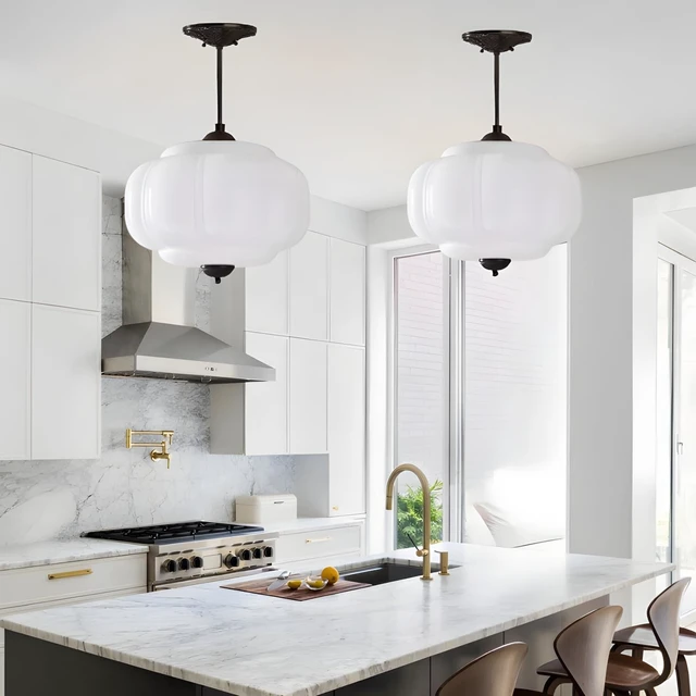 Alt view image 3 of 7 - Antique Milk Glass Semi Flush Mount Light,Schoolhouse Hanging Lights