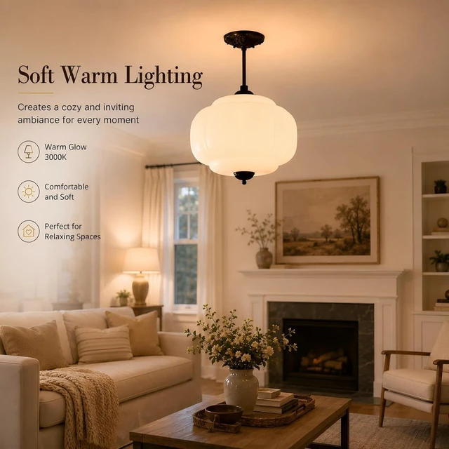 Alt view image 4 of 7 - Antique Milk Glass Semi Flush Mount Light,Schoolhouse Hanging Lights
