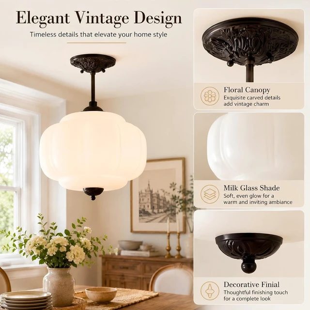 Alt view image 6 of 7 - Antique Milk Glass Semi Flush Mount Light,Schoolhouse Hanging Lights
