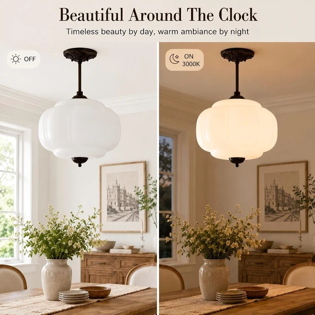Alt view image 7 of 7 - Antique Milk Glass Semi Flush Mount Light,Schoolhouse Hanging Lights