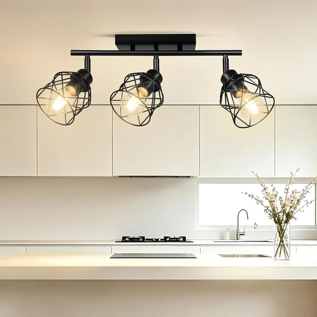 Main image of 3-Lights Semi Flush Mount Ceiling Light, Adjustable Kitchen Light Fixtures Ceiling Mount with Metal Cage, Vintage Multi-Directional Black Track Lighting Fixtures for Hallway, Foyer, Bedroom