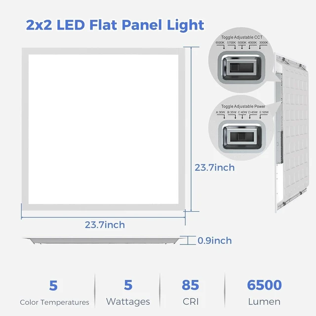 Alt view image 6 of 6 - 8 Pack 2x2 LED Flat Panel Light, Dimmable Lay-in Recessed for Drop Ceiling Light, 6500LM, 120-277V, 30-50W Selectable, 5 CCT (3000K-6500K)