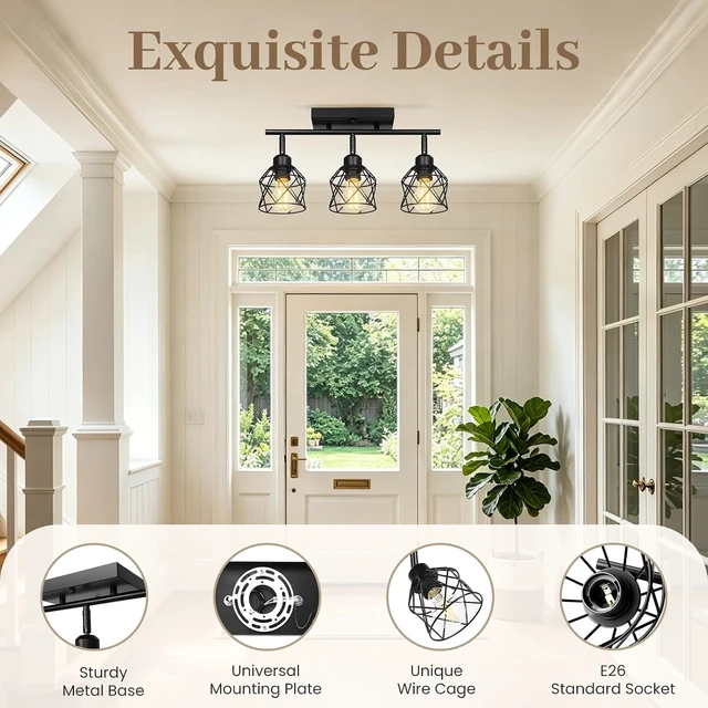 Alt view image 3 of 7 - 3-Lights Semi Flush Mount Ceiling Light, Adjustable Kitchen Light Fixtures Ceiling Mount with Metal Cage, Vintage Multi-Directional Black Track Lighting Fixtures for Hallway, Foyer, Bedroom