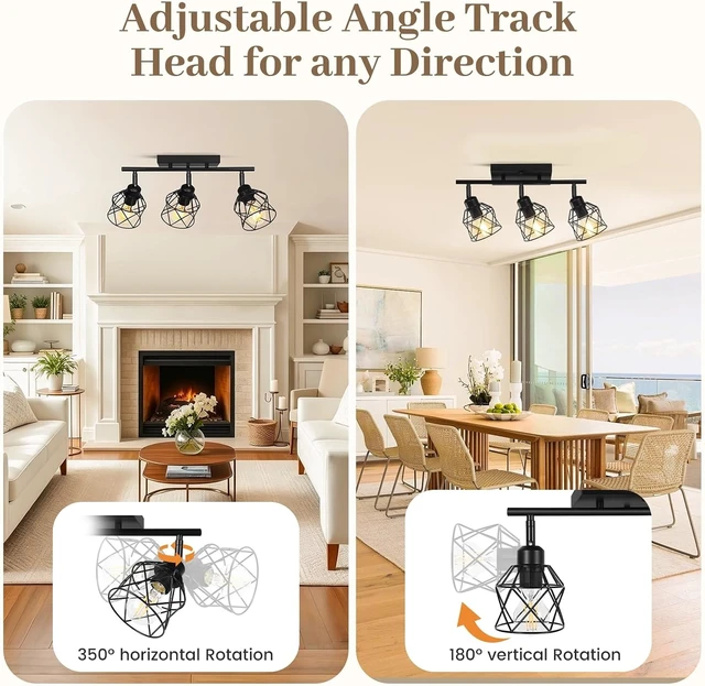 Alt view image 5 of 7 - 3-Lights Semi Flush Mount Ceiling Light, Adjustable Kitchen Light Fixtures Ceiling Mount with Metal Cage, Vintage Multi-Directional Black Track Lighting Fixtures for Hallway, Foyer, Bedroom