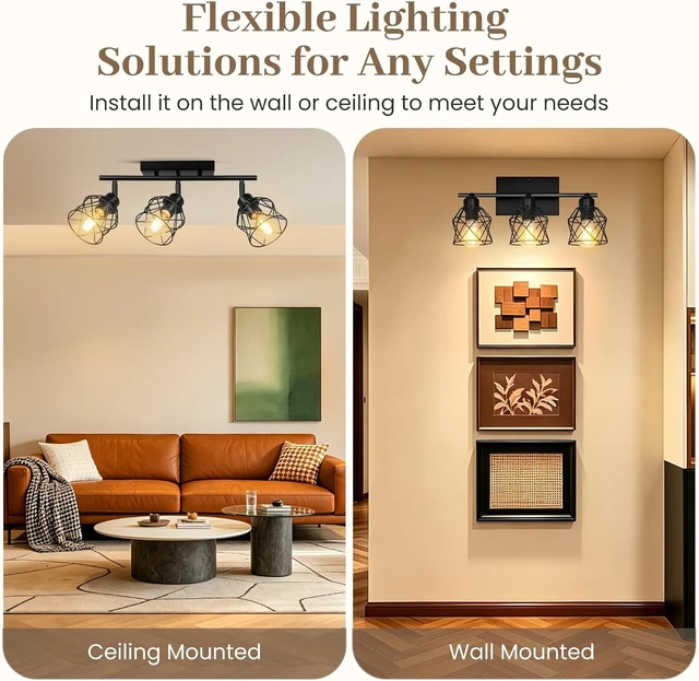Alt view image 6 of 7 - 3-Lights Semi Flush Mount Ceiling Light, Adjustable Kitchen Light Fixtures Ceiling Mount with Metal Cage, Vintage Multi-Directional Black Track Lighting Fixtures for Hallway, Foyer, Bedroom