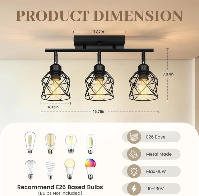 Alt view image 2 of 7 - 3-Lights Semi Flush Mount Ceiling Light, Adjustable Kitchen Light Fixtures Ceiling Mount with Metal Cage, Vintage Multi-Directional Black Track Lighting Fixtures for Hallway, Foyer, Bedroom