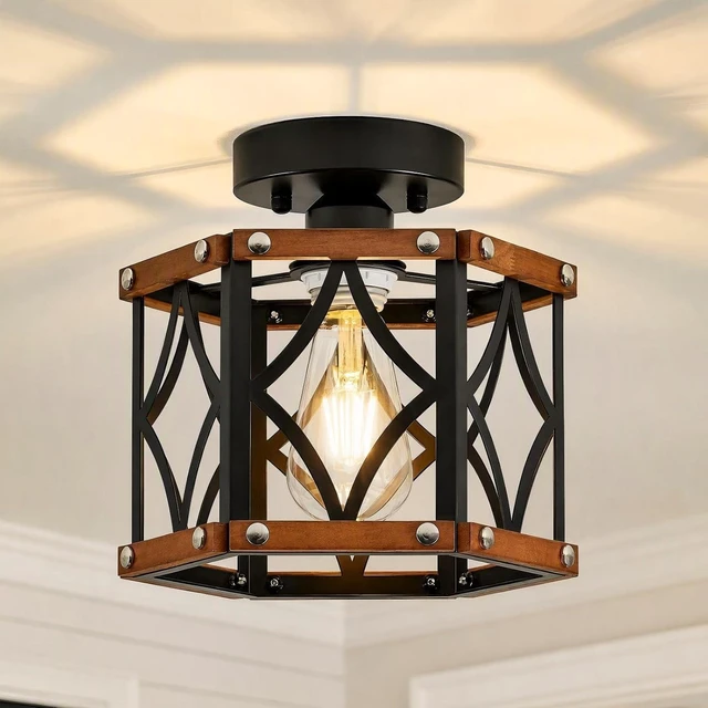 Main image of Black Farmhouse Oak Wood Flush Mount Ceiling Light Fixture 9.5 Inch