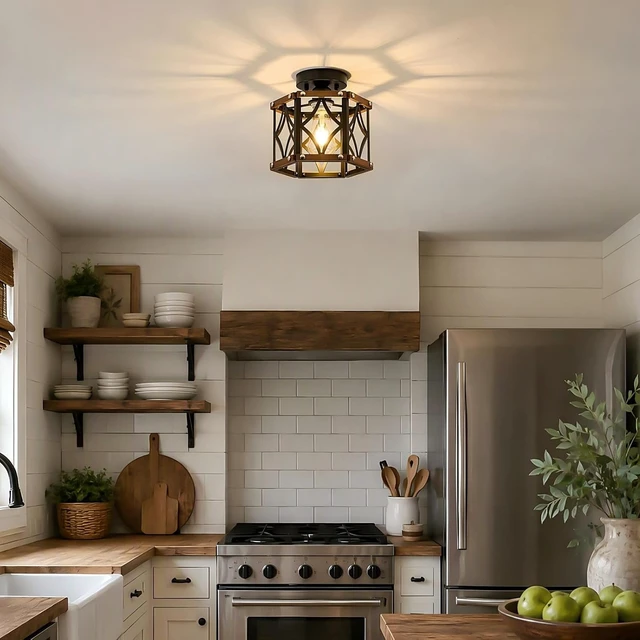 Alt view image 3 of 7 - Black Farmhouse Oak Wood Flush Mount Ceiling Light Fixture 9.5 Inch