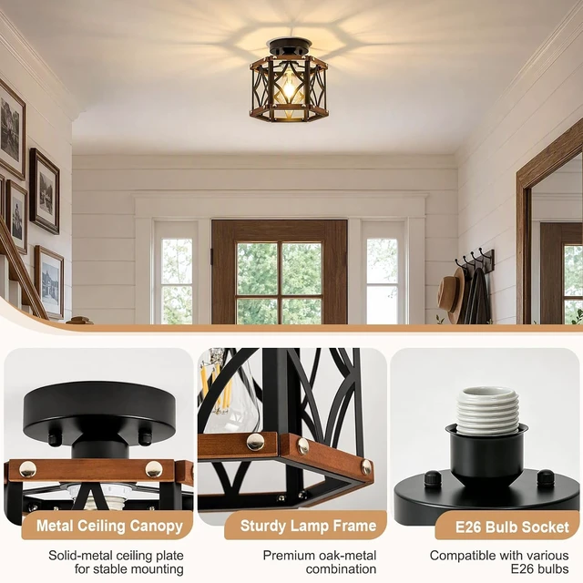 Alt view image 5 of 7 - Black Farmhouse Oak Wood Flush Mount Ceiling Light Fixture 9.5 Inch
