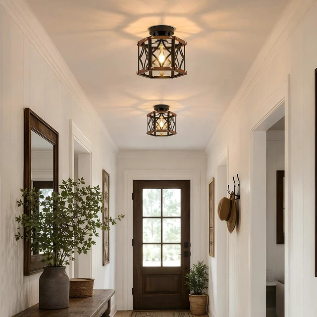Alt view image 2 of 7 - Black Farmhouse Oak Wood Flush Mount Ceiling Light Fixture 9.5 Inch