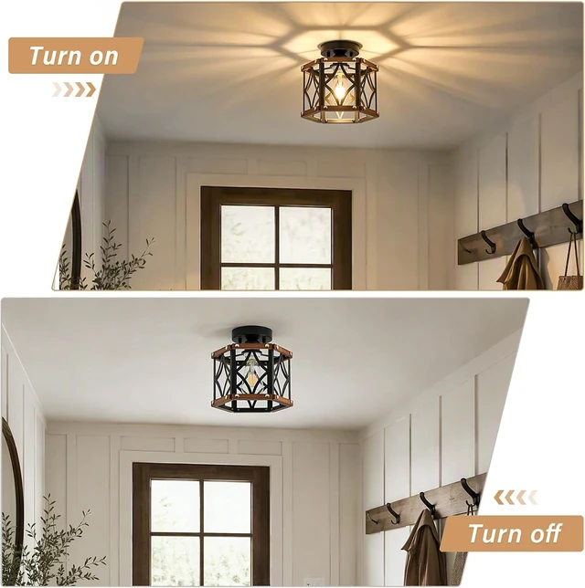 Alt view image 7 of 7 - Black Farmhouse Oak Wood Flush Mount Ceiling Light Fixture 9.5 Inch