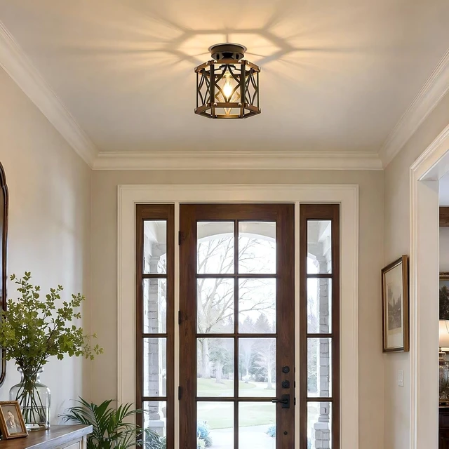 Alt view image 6 of 7 - Black Farmhouse Oak Wood Flush Mount Ceiling Light Fixture 9.5 Inch