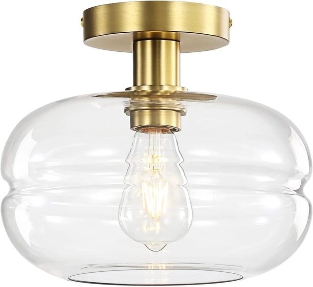 Main image of Semi Flush Mount Ceiling Light Fixture, 10-1/2 Inch Clear Glass Shade, Brushed Gold Modern Vintage 1-Light E26 Socket Ceiling Light for Hallway Entryway Kitchen Sink Bedroom Bathroom
