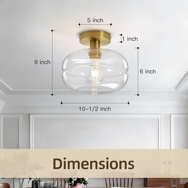 Alt view image 2 of 7 - Semi Flush Mount Ceiling Light Fixture, 10-1/2 Inch Clear Glass Shade, Brushed Gold Modern Vintage 1-Light E26 Socket Ceiling Light for Hallway Entryway Kitchen Sink Bedroom Bathroom