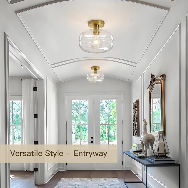 Alt view image 3 of 7 - Semi Flush Mount Ceiling Light Fixture, 10-1/2 Inch Clear Glass Shade, Brushed Gold Modern Vintage 1-Light E26 Socket Ceiling Light for Hallway Entryway Kitchen Sink Bedroom Bathroom