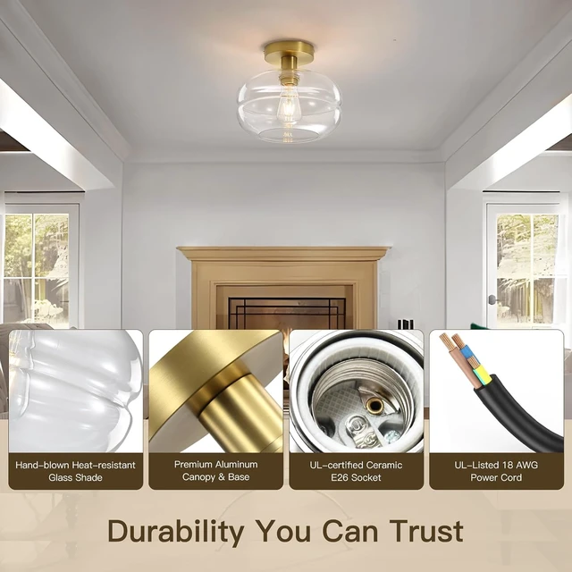Alt view image 4 of 7 - Semi Flush Mount Ceiling Light Fixture, 10-1/2 Inch Clear Glass Shade, Brushed Gold Modern Vintage 1-Light E26 Socket Ceiling Light for Hallway Entryway Kitchen Sink Bedroom Bathroom