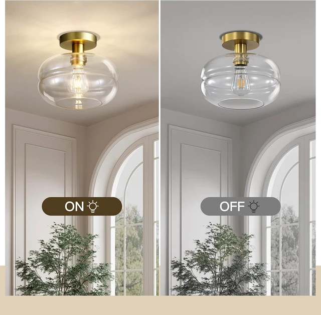 Alt view image 6 of 7 - Semi Flush Mount Ceiling Light Fixture, 10-1/2 Inch Clear Glass Shade, Brushed Gold Modern Vintage 1-Light E26 Socket Ceiling Light for Hallway Entryway Kitchen Sink Bedroom Bathroom