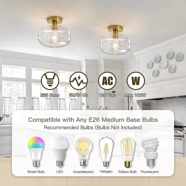 Alt view image 7 of 7 - Semi Flush Mount Ceiling Light Fixture, 10-1/2 Inch Clear Glass Shade, Brushed Gold Modern Vintage 1-Light E26 Socket Ceiling Light for Hallway Entryway Kitchen Sink Bedroom Bathroom