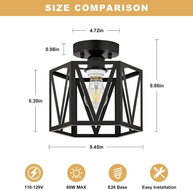 Alt view image 4 of 7 - Small Black Farmhouse Semi Flush Mount Ceiling Light, 1-Light