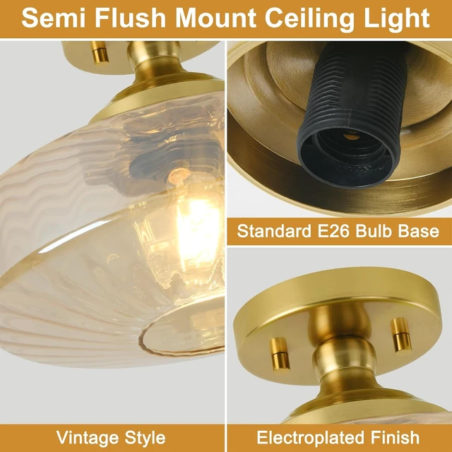 Alt view image 5 of 7 - Amber Glass Vintage Light Fixture Ceiling Flush Mounted, 11.8in