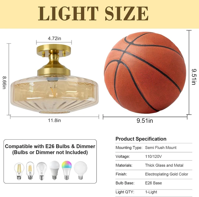 Alt view image 6 of 7 - Amber Glass Vintage Light Fixture Ceiling Flush Mounted, 11.8in