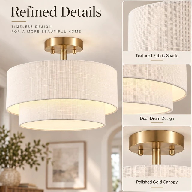 Main image of White Semi Flush Mount Ceiling Light, 16.5'' Drum Ceiling Light Fixture