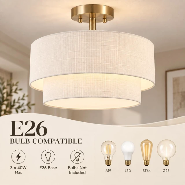 Alt view image 3 of 7 - White Semi Flush Mount Ceiling Light, 16.5'' Drum Ceiling Light Fixture
