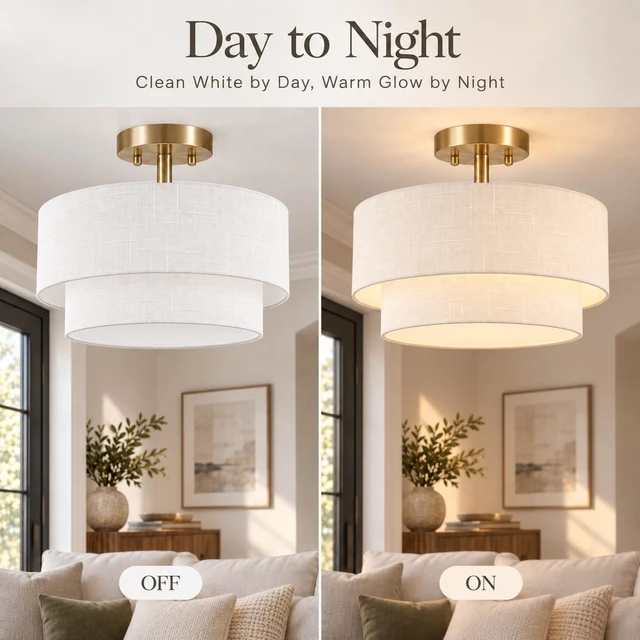 Alt view image 4 of 7 - White Semi Flush Mount Ceiling Light, 16.5'' Drum Ceiling Light Fixture