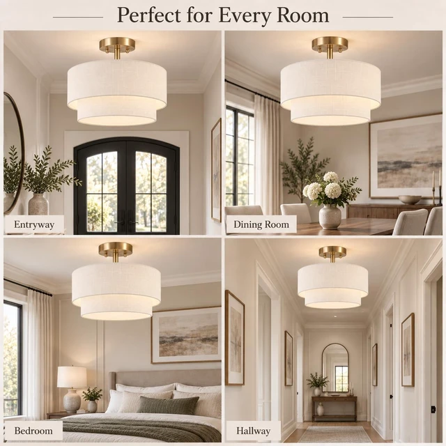 Alt view image 5 of 7 - White Semi Flush Mount Ceiling Light, 16.5'' Drum Ceiling Light Fixture