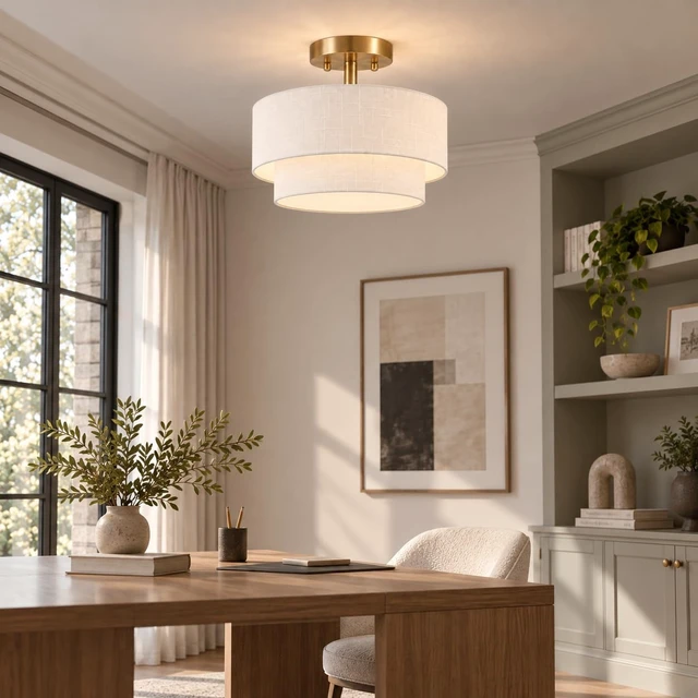 Alt view image 6 of 7 - White Semi Flush Mount Ceiling Light, 16.5'' Drum Ceiling Light Fixture