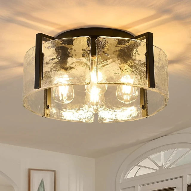 Main image of Black Semi Flush Mount Ceiling Light Fixture, 17.7-Inch Glass Drum Flush Mount Light Farmhouse Modern Lights Kitchen Lighting Fixtures for Foyer Entryway Hallway Bathroom Bedroom Laundry Room