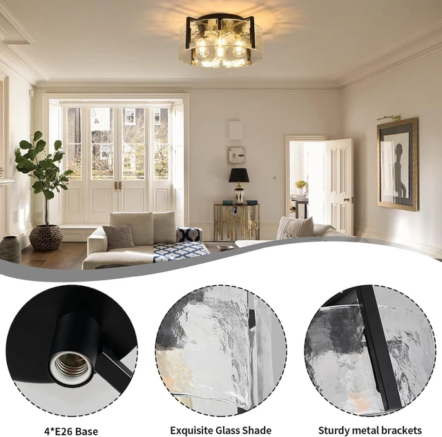 Alt view image 3 of 7 - Black Semi Flush Mount Ceiling Light Fixture, 17.7-Inch Glass Drum Flush Mount Light Farmhouse Modern Lights Kitchen Lighting Fixtures for Foyer Entryway Hallway Bathroom Bedroom Laundry Room