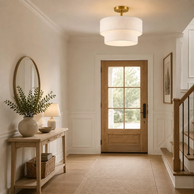 Alt view image 7 of 7 - White Semi Flush Mount Ceiling Light, 16.5'' Drum Ceiling Light Fixture