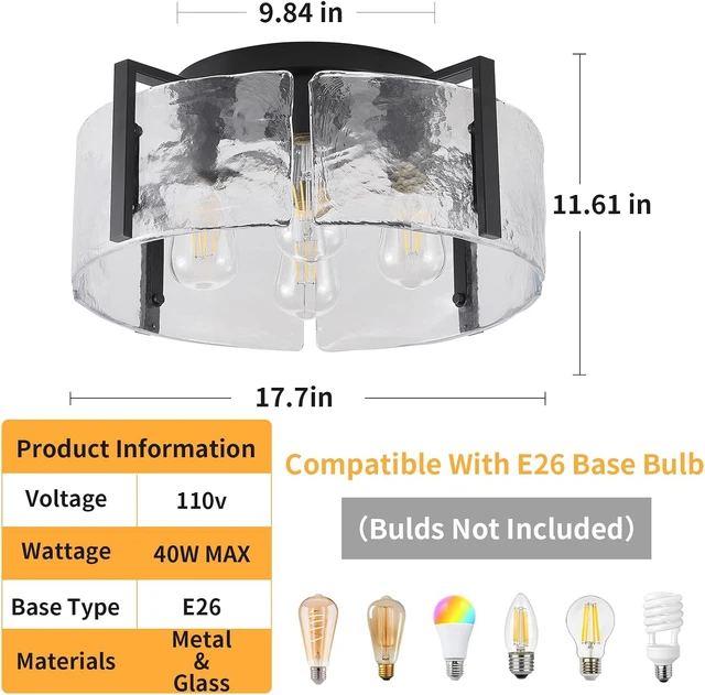 Alt view image 2 of 7 - Black Semi Flush Mount Ceiling Light Fixture, 17.7-Inch Glass Drum Flush Mount Light Farmhouse Modern Lights Kitchen Lighting Fixtures for Foyer Entryway Hallway Bathroom Bedroom Laundry Room