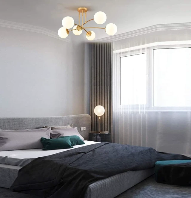 Alt view image 2 of 7 - CLAXY Mid Century Gold Ceiling Light Semi Flush Mount Opal Globe Chandelier