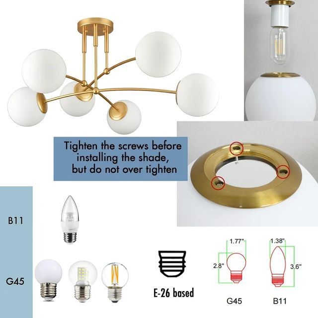 Alt view image 3 of 7 - CLAXY Mid Century Gold Ceiling Light Semi Flush Mount Opal Globe Chandelier